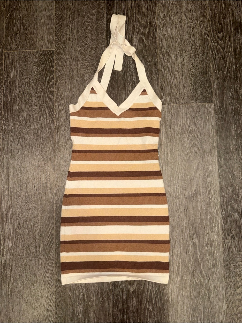 Princess Polly Striped Halter Mini Dress in Cream, Tan, and Brown